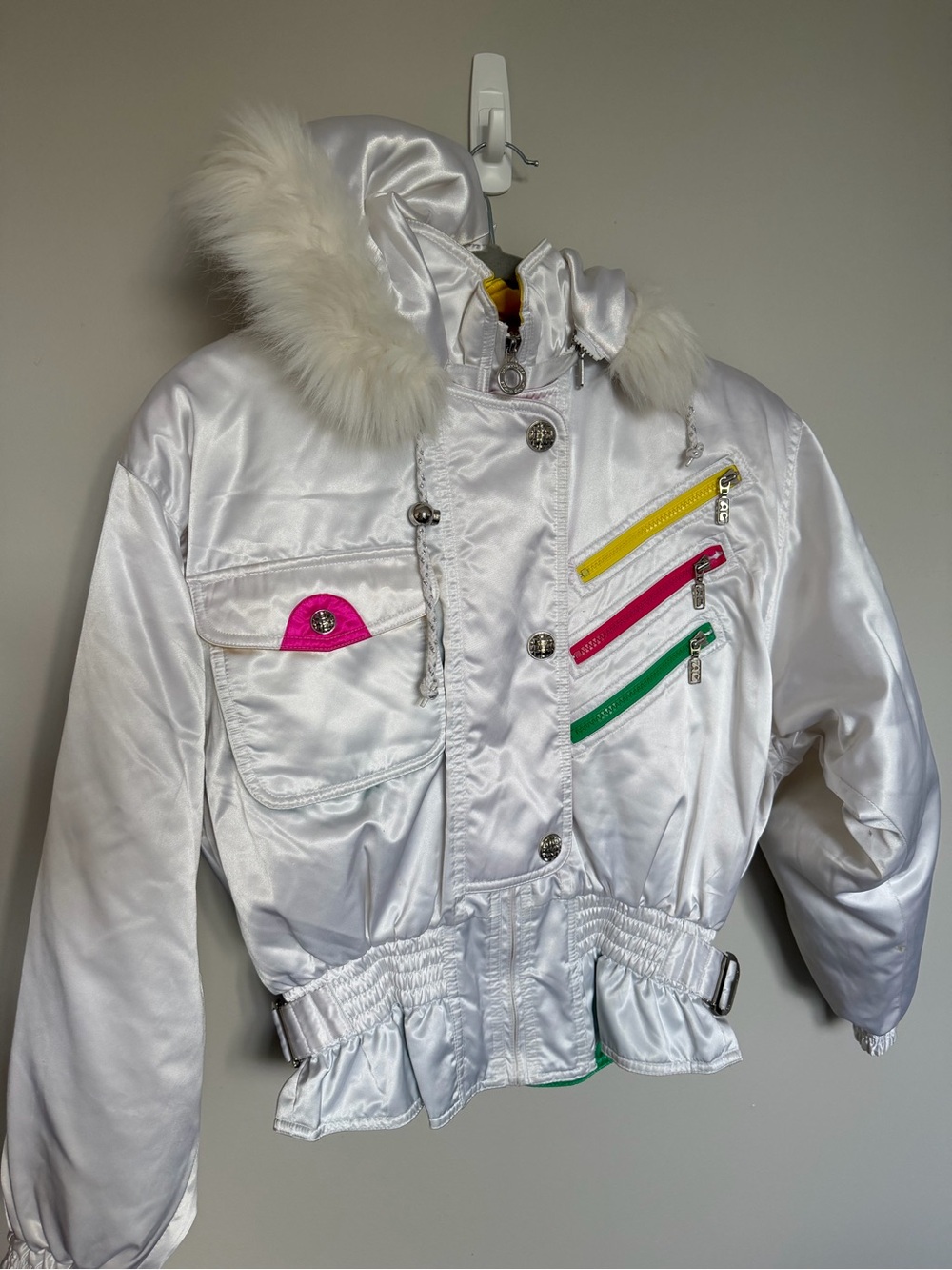 ' White Satin Bomber Jacket with Faux Fur Trim and Neon Zip Accents